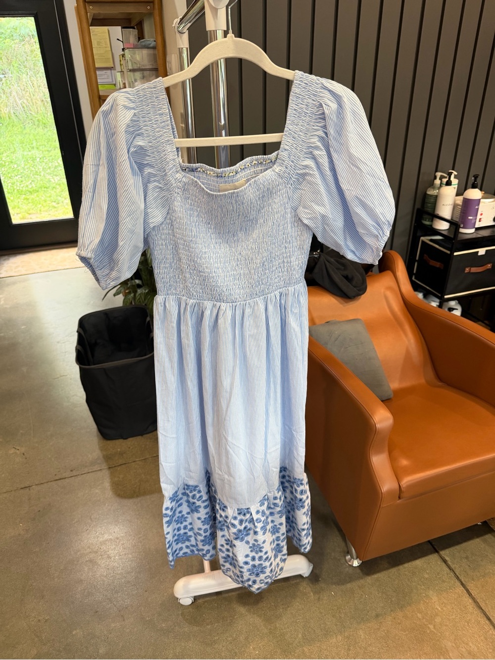 Umgee Light Blue Smocked Puff Sleeve Midi Dress with Blue Floral Border